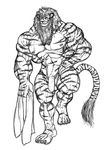  abs anthro balls biceps body_markings claws feline flaccid fur furry_(artist) grin hair hybrid liger lion looking_at_viewer male mammal markings mbeya_tion monochrome muscles nipples nude pecs penis plain_background ponytail pose sketch smile solo standing stripes sweat tiger toe_claws towel vein wet white_background 