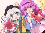  blue_eyes blush chocolate chocolate_heart flower flx hairband hat heart heart_of_string komeiji_koishi komeiji_satori multiple_girls pointing purple_eyes purple_hair red_flower red_rose ribbon rose short_hair siblings silver_hair sisters touhou 