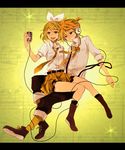  1girl bad_id bad_pixiv_id belt blonde_hair boots brother_and_sister casual grin hair_ornament hair_ribbon hairclip headphones highres kagamine_len kagamine_rin microphone necktie ono_(0_no) open_mouth ribbon short_hair siblings sitting sitting_on_lap sitting_on_person skirt smile suspenders twins vocaloid yellow_eyes yellow_neckwear 