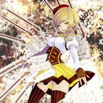  absurdres bad_id bad_pixiv_id beret blonde_hair drill_hair fingerless_gloves gloves gun hair_ornament hat highres looking_at_viewer magical_musket mahou_shoujo_madoka_magica puffy_sleeves rifle settyaro short_hair solo tears thighhighs tomoe_mami twintails weapon yellow_eyes 