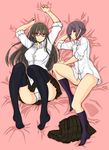  bad_proportions black_eyes black_legwear blouse breasts brown_eyes brown_hair dakimakura full_body glasses grey_hair highres joy_(joy-max) jpeg_artifacts kneehighs knees_on_chest large_breasts looking_at_viewer lying multiple_girls on_back on_side original panties pantyshot pantyshot_(lying) pleated_skirt red-framed_eyewear school_uniform skirt sleeves_rolled_up smile thighhighs thighs underwear white_panties wide_hips 