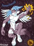  angel aura canine female fire hair hand lysozyme night nude pose solo space stars wings wolf 