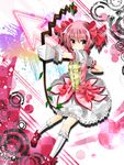  arrow bow_(weapon) bubble_skirt checkered checkered_background gloves hair_ribbon highres kaname_madoka light_smile magical_girl mahou_shoujo_madoka_magica pink_eyes pink_hair ribbon senka_shion shoes short_hair skirt solo twintails weapon white_gloves 