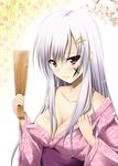  bare_shoulders breasts cleavage facepaint hagoita hair_ornament japanese_clothes kimono large_breasts long_hair no_bra original paddle red_eyes shake_(ferit3) silver_hair solo undressing 
