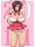  1girl 2011 animal_ears bandaid bandaid_on_pussy blush breasts bunny_ears cameltoe character_request cleavage cosplay di_gi_charat dress dress_lift gureko_rouman huge_breasts looking_at_viewer maebari no_bra no_panties pussy short_dress solo spiral_brain standing uncensored 