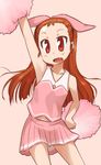  :d arm_up armpits blush bow brown_eyes brown_hair cheerleader fang hair_bow hand_on_hip idolmaster idolmaster_(classic) long_hair minase_iori open_mouth pom_poms skirt smile solo ttomm 