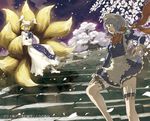 blonde_hair braid cherry_blossoms floating flying_paper fox_tail hands_in_opposite_sleeves hat izayoi_sakuya knife maid maid_headdress multiple_girls multiple_tails paper perfect_cherry_blossom petals scarf silver_hair stairs sun-3 tail thigh_strap touhou twin_braids yakumo_ran 