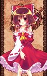  bare_shoulders blush bow brown_hair detached_sleeves dress hair_bow hair_tubes hakurei_reimu highres long_sleeves momomiya_mion open_mouth red_dress red_eyes solo touhou 