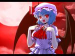  ascot bad_id bad_pixiv_id bat_wings blue_hair brooch chagen_kokimu dress full_moon hat jewelry letterboxed moon open_mouth red_eyes red_moon remilia_scarlet short_hair slit_pupils smile solo touhou upper_body wings 