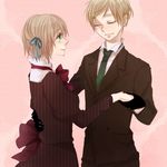  1girl axis_powers_hetalia blonde_hair closed_eyes couple formal gloves green_eyes hachi_(aimu) hair_ribbon hetero liechtenstein_(hetalia) ribbon short_hair suit united_kingdom_(hetalia) 