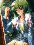 2011 art_brush blue_eyes canvas_(object) forest forfreedo green_hair grin highres nature oekaki_musume one_eye_closed original paintbrush pixiv shadow smile solo zipper 