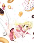  argyle argyle_legwear bad_id bad_pixiv_id bare_shoulders blonde_hair cake doughnut falling food green_eyes headphones juna long_hair original pon_de_ring solo thighhighs white_legwear 