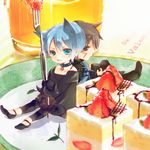  1girl animal_ears blue_hair cake food fork fruit holding holding_fork leggings morphine_(pixiv) raven_(zoids) ryss short_hair strawberry zoids zoids_chaotic_century 