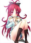  bare_legs blush boots denim denim_shorts fang food food_on_face frown long_hair mahou_shoujo_madoka_magica ponytail red_eyes red_hair room603 sakura_kyouko shorts simple_background sitting solo taiyaki tears wagashi 