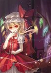  adapted_costume bat_wings blood bow colored_eyelashes dress eyelashes fang flandre_scarlet glowing hat highres night night_sky red_eyes sky smile smirk solo touhou window wings zhao_shuwen 