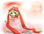  bad_id bad_pixiv_id bow chibi dress food frills front_ponytail fruit green_eyes green_hair hair_bow hair_ribbon kagiyama_hina long_hair metaru_maccha ribbon solo strawberry touhou 