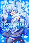  :d blue_eyes blue_hair boots detached_sleeves earmuffs hatsune_miku long_hair mittens necktie open_mouth sakuro scarf skirt smile snowflakes solo thigh_boots thighhighs twintails very_long_hair vocaloid white_scarf yuki_miku 