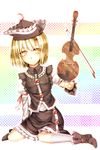  blonde_hair boots bow_(instrument) crescent dress hat highres instrument kazetto lunasa_prismriver short_hair sitting smile solo touhou violin wariza yellow_eyes 