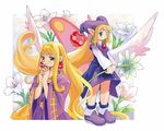  blonde_hair blue_eyes cherie_espoir curly_hair dress earrings flower green_eyes hat jewelry kururu_(rhapsody) long_hair long_sleeves marl_kingdom multiple_girls necklace official_art pointy_ears rhapsody ryoji_(nomura_ryouji) very_long_hair wings 