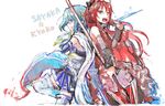  back-to-back bad_id bad_pixiv_id blue_eyes blue_hair cape eating fang kirisawa_saki long_hair magical_girl mahou_shoujo_madoka_magica miki_sayaka multiple_girls open_mouth polearm ponytail red_eyes red_hair sakura_kyouko short_hair sketch smile spear thighhighs weapon 