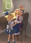  alice_margatroid alice_margatroid_(pc-98) bad_id bad_pixiv_id blonde_hair blue_eyes blush bow chair desk dress fred04142 hair_bow hair_ornament long_hair multiple_girls ribbon shanghai_doll short_hair sitting smile time_paradox touhou touhou_(pc-98) window yellow_eyes 