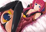  ass between_legs black_legwear blue_eyes breasts cleavage long_hair lying mask medium_breasts on_back on_bed panties pantyshot pleated_skirt red_hair skirt solo star_driver thighhighs underwear yappy_(yapis_company) you_marino 