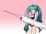  aqua_eyes aqua_hair glasses hat hatsune_miku large_syringe long_hair nurse_cap nyonnyon one-piece_swimsuit oversized_object school_swimsuit solo swimsuit syringe translated twintails very_long_hair vocaloid 