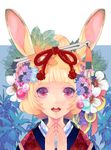  animal_ears bad_id bad_pixiv_id blonde_hair buck_teeth bunny_ears flower hair_bun hair_flower hair_ornament hands_together highres japanese_clothes kanzashi kimono open_mouth original own_hands_together red_eyes serenade_(sinohi) short_hair smile solo 