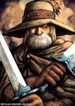  beard facial_hair hat hat_over_one_eye kaze_no_tani_no_nausicaa kei-suwabe male_focus old_man solo sword weapon yupa 
