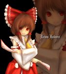  amanojaku ascot bad_id bad_pixiv_id bow brown_hair character_name detached_sleeves hair_bow hakurei_reimu red_eyes short_hair smile solo spell_card touhou zoom_layer 