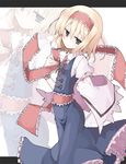  alice_margatroid alternate_costume black_eyes blonde_hair blue_dress cape dress hair_ribbon mochiki ribbon solo touhou zoom_layer 