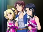  bare_shoulders blonde_hair blue_eyes blue_hair brown_eyes brown_hair cosmic_&amp;_funny_(idolmaster) freckles hair_ornament hairclip hands_on_shoulders idolmaster idolmaster_dearly_stars jewelry long_hair mizutani_eri multiple_girls necklace ozaki_reiko red_eyes short_hair supon suzuki_ayane twintails wings 