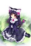  :o absurdres animal_ears bad_id bad_pixiv_id black_dress black_hair black_legwear blush cat_ears dress flower frills gokou_ruri gothic_lolita hair_flower hair_ornament hairband highres lolita_fashion long_hair mole mole_under_eye open_mouth ore_no_imouto_ga_konna_ni_kawaii_wake_ga_nai pantyhose purple_flower purple_rose raiou rose sitting solo tail tears v_arms 