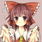  bad_id bad_pixiv_id blush bow brown_eyes brown_hair foreshortening frown hair_bow hakurei_reimu no_nose outstretched_arms pasutel solo touhou upper_body 