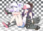  ass baseball_cap blue_eyes boots brown_hair bubblegum hat long_hair looking_at_viewer pokemon pokemon_(game) pokemon_black_and_white pokemon_bw ponytail reshiram shorts sitting touko_(pokemon) vest white_(pokemon) zekrom 