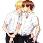  arm_grab bad_id bad_pixiv_id baseball_bat blonde_hair brown_hair higurashi_no_naku_koro_ni houjou_satoshi kiss maebara_keiichi male_focus multiple_boys school_uniform yaoi yuumare 