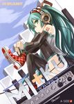  amplifier detached_sleeves green_eyes green_hair hatsune_miku headphones long_hair shoe_tying shoes sitting skirt sneakers solo thighhighs very_long_hair vocaloid yato 
