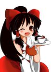  absurdres ascot black_hair black_tea blush bow brown_eyes cup detached_sleeves hair_bow hair_tubes hakurei_reimu highres long_hair one_eye_closed open_mouth oshiri_seijin ponytail saucer smile solo spoon tea teacup touhou 