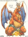  aokmaidu charizard chubby claws dragon fangs horns male muscles penis pok&eacute;mon pok&eacute;morph reptile scalie solo sports standing swimsuit tail volleyball wings 