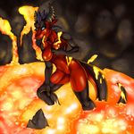  black breasts derecho dragon female fire fivel heat heat_(temperature) horn lava magma nipples nude orange_theme pussy red scalie solo tongue tongue_out volcano 