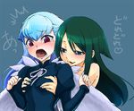  angelos_armas blue_hair blush breast_grab breasts crossover dougan_calpis_con grabbing green_eyes green_hair henri long_hair medium_breasts multiple_girls nitroplus red_eyes saya saya_no_uta tearing_up tears yuri 