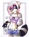  absurd_res amber_eyes anthro candy candy_necklace cellphone clothed clothing ear_piercing female hair hi_res mammal michele_light necklace phone piercing pink_hair pinup pose raccoon shirt shorts skimpy solo tank_top traditional_media 