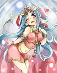  armlet bare_shoulders blue_hair bracelet earrings headdress heart jewelry lakshmi_(lord_of_vermilion) long_hair lord_of_vermilion midriff navel necklace one_eye_closed open_mouth red_eyes shi_ecchi skirt solo 