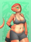 abstract_background big_breasts big_thighs breasts chubby cleavage clothed clothing dinosaur fangs female green_eyes hair hand_on_hip lizard looking_at_viewer mohawk navel necklace orange_hair reptile scalie shorts skimpy slit_pupils solo sports_bra standing stripes tomboy vader-san wristband 