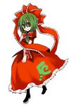  boots dress frills front_ponytail green_eyes green_hair hair_ribbon kagiyama_hina ribbon ryuukichi smile solo touhou 