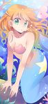  alternate_hairstyle aqua_eyes bikini_top breast_squeeze breasts bubble chocho_(homelessfox) cleavage coral earrings floating_hair gen_3_pokemon hair_down jewelry kasumi_(pokemon) long_hair luvdisc medium_breasts mermaid mermaid_kasumi_(pokemon) monster_girl necklace orange_hair pokemon pokemon_(anime) pokemon_(creature) seaweed solo star underwater v_arms 
