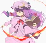  bad_id bad_pixiv_id book crescent fire hair_ribbon hat long_hair patchouli_knowledge purple_eyes purple_hair ribbon solo takashiru touhou 