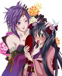  2girls bare_shoulders black_hair blue_eyes blush brown_eyes character_request detached_sleeves dress earrings female flower golden_yasha hair_ornament happy japanese_clothes jewelry kimono lipstick long_hair makeup mirror multiple_girls nail_polish nouhime one_eye_closed open_mouth purple_hair red_ribbon ribbon sengoku_musou sengoku_musou_3 series_request shocked strapless strapless_dress surprised twintails very_long_hair wink yuri 