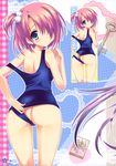  1girl absurdres ass blue_eyes copyright_request hair_over_one_eye highres looking_back one-piece_swimsuit pink_hair purple_hair school_swimsuit short_hair swimsuit swimsuit_aside tsukishima_yuuko 