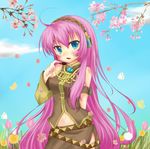  bad_id bad_pixiv_id blush cherry_blossoms dandelion flower grass headphones long_hair megurine_luka navel solo suishou_anzu very_long_hair vocaloid 